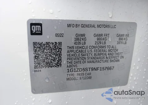 2022 Chevrolet Malibu Lt z USA, uszkodzony, nr VIN 1G1ZD5ST9NF157667